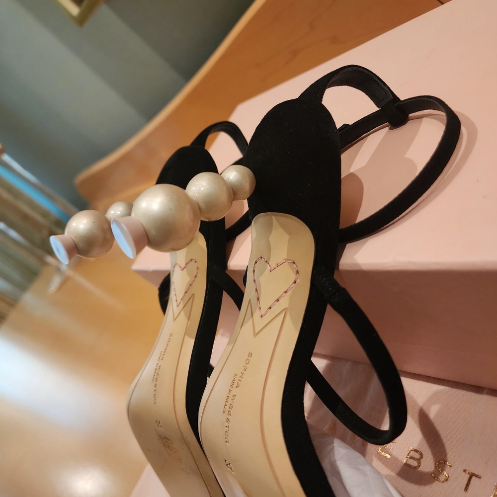 💯Authentic Sophia Webster Rosalind Pearl-Heel Black Suede Sandal - Picture 7 of 16